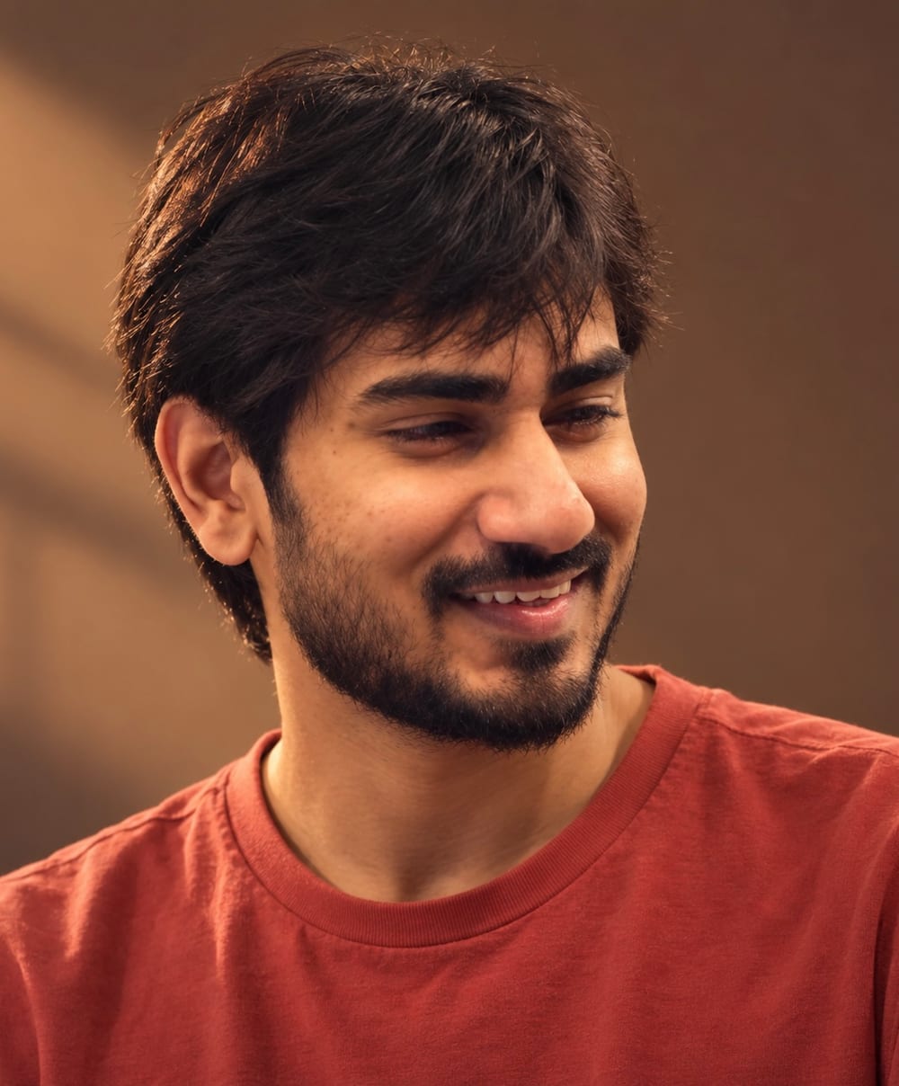 Mayank Bairagi laughing and looking off to the side, in a rust t-shirt
