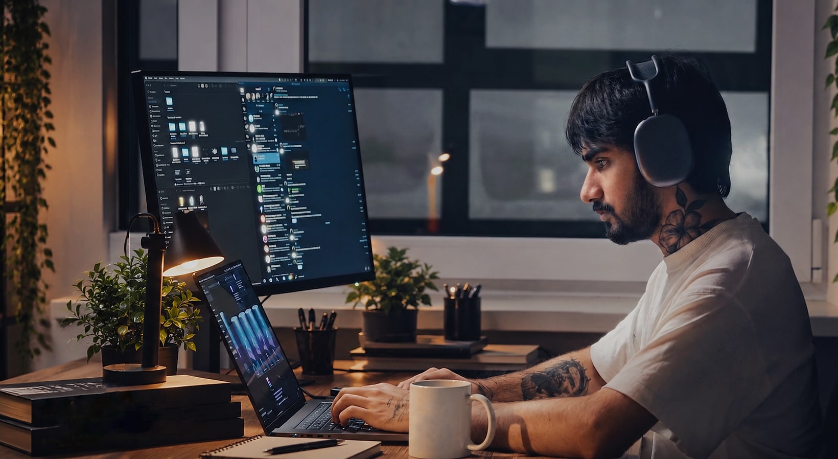 Mayank Bairagi at his desk at night, headphones on, working across a laptop and monitor